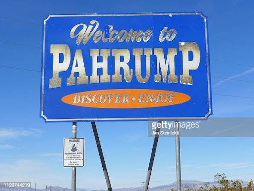 Pahrump, NV - JANUARY 28: Welcome to Pahrump sign in Pahrump, Nevada on January 28, 2019. (Photo by Jim Steinfeldt/Michael Ochs Archives/Getty Image