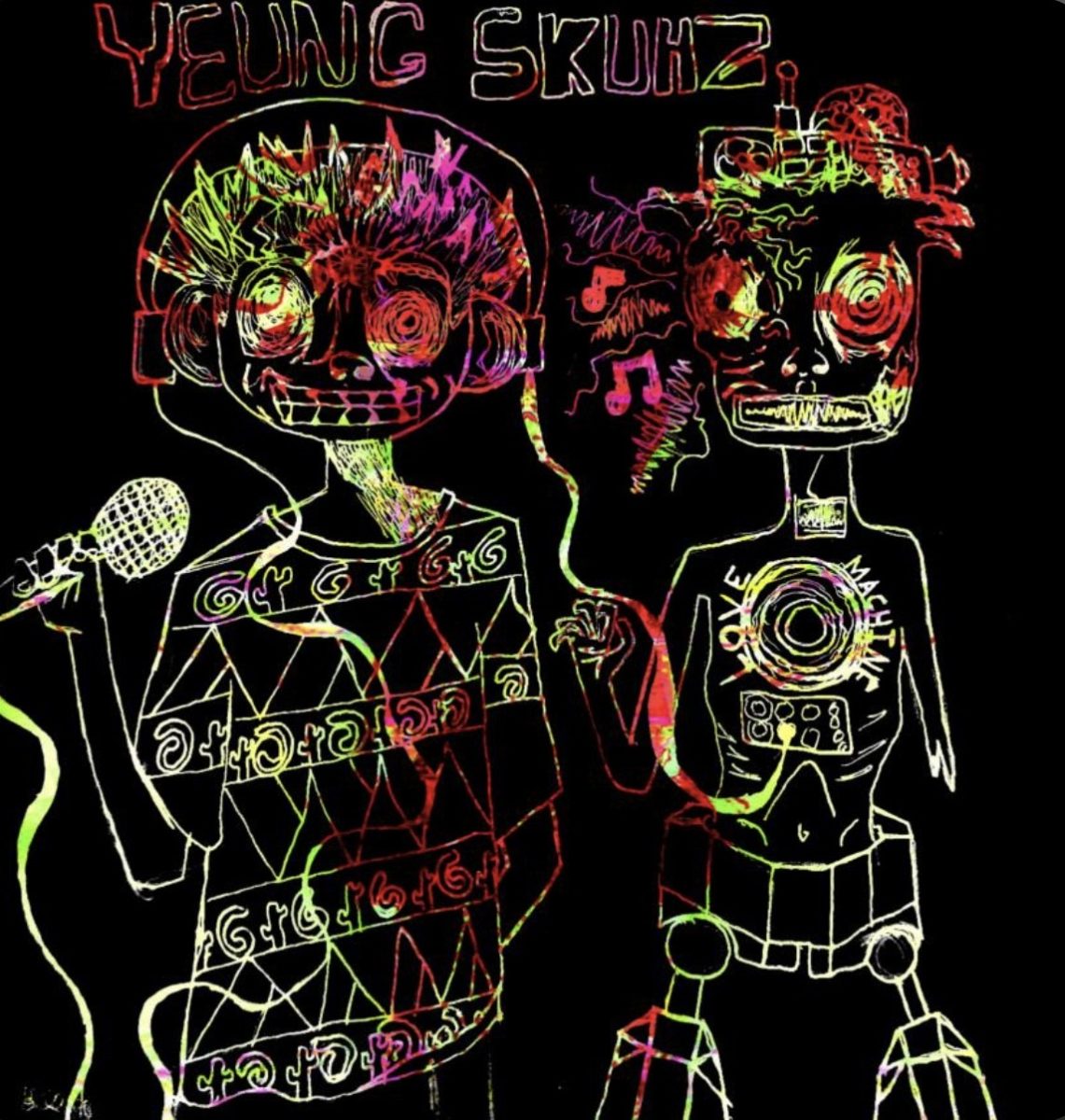 A drawing he made, and the cover art for his album “YEUNG SKUHZ”