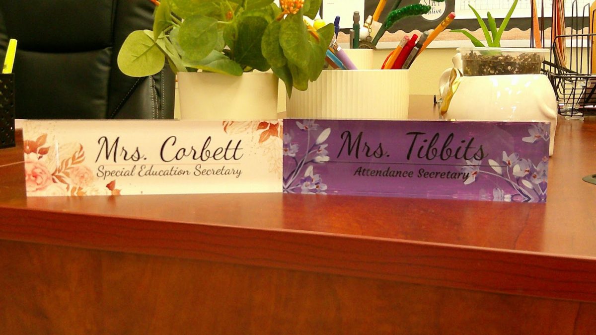 A sign of Mrs. Corbett and Mrs. Tibbits secretary blocks